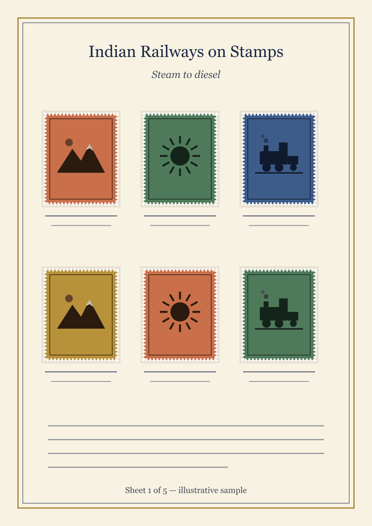 Exhibit sheet 1: Steam to diesel. Six mounted illustrative stamps with written notes beneath.