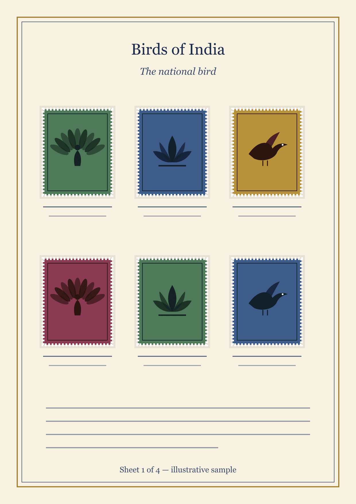 Exhibit sheet 1: The national bird. Six mounted illustrative stamps with written notes beneath.