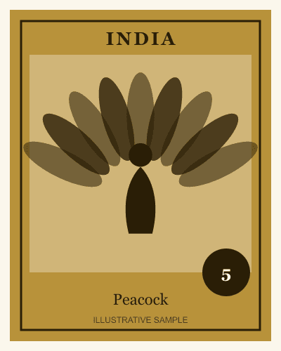 Illustrative stamp design showing a stylised peacock with its tail fanned