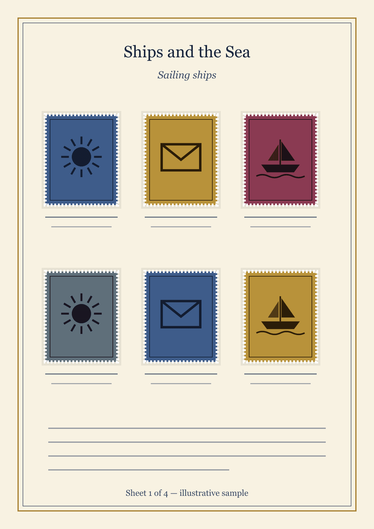 Exhibit sheet 1: Sailing ships. Six mounted illustrative stamps with written notes beneath.